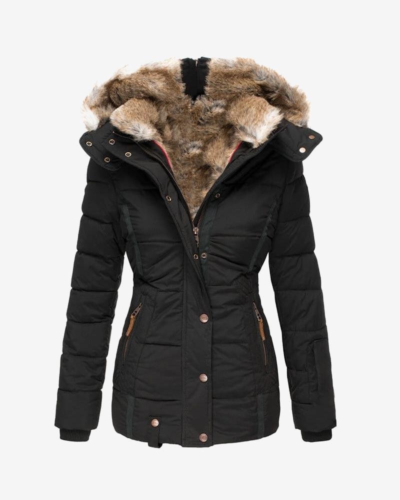 Damen-Steppjacke – Mit Samtfutter und Abnehmbarem Fellkapuzenbesatz