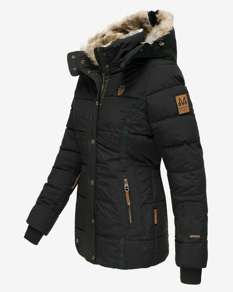 Damen-Steppjacke – Mit Samtfutter und Abnehmbarem Fellkapuzenbesatz