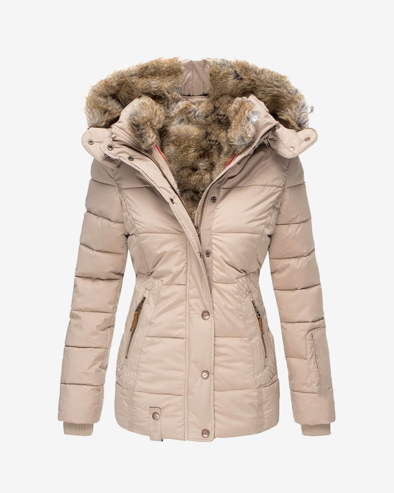 Damen-Steppjacke – Mit Samtfutter und Abnehmbarem Fellkapuzenbesatz
